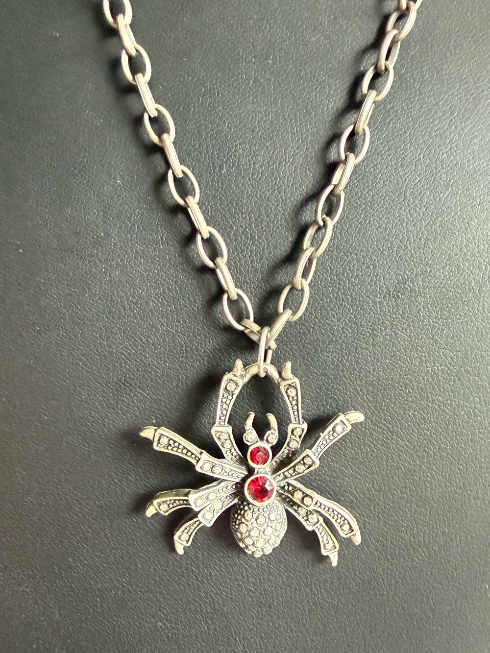 Silver Tone Spider Pendant Necklace with Red Stones 18”